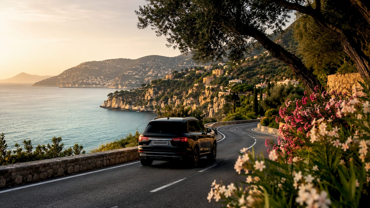 Luxury car driving coastal road French Riviera
