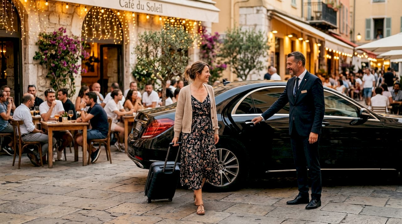 Traveler entering luxury car for private transfer