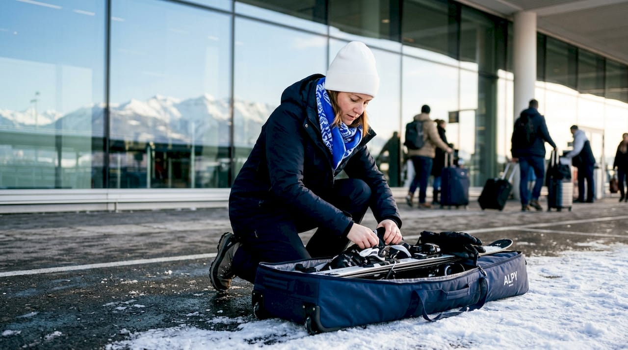 Traveler packing ski gear at Geneva airport