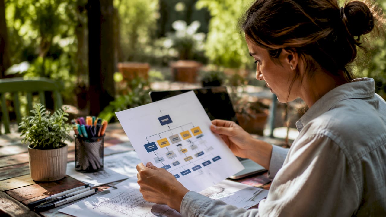 Architect reviewing organizational chart documents