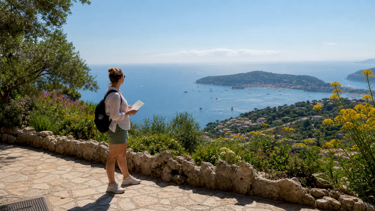 Traveler admiring Mediterranean view from Èze village