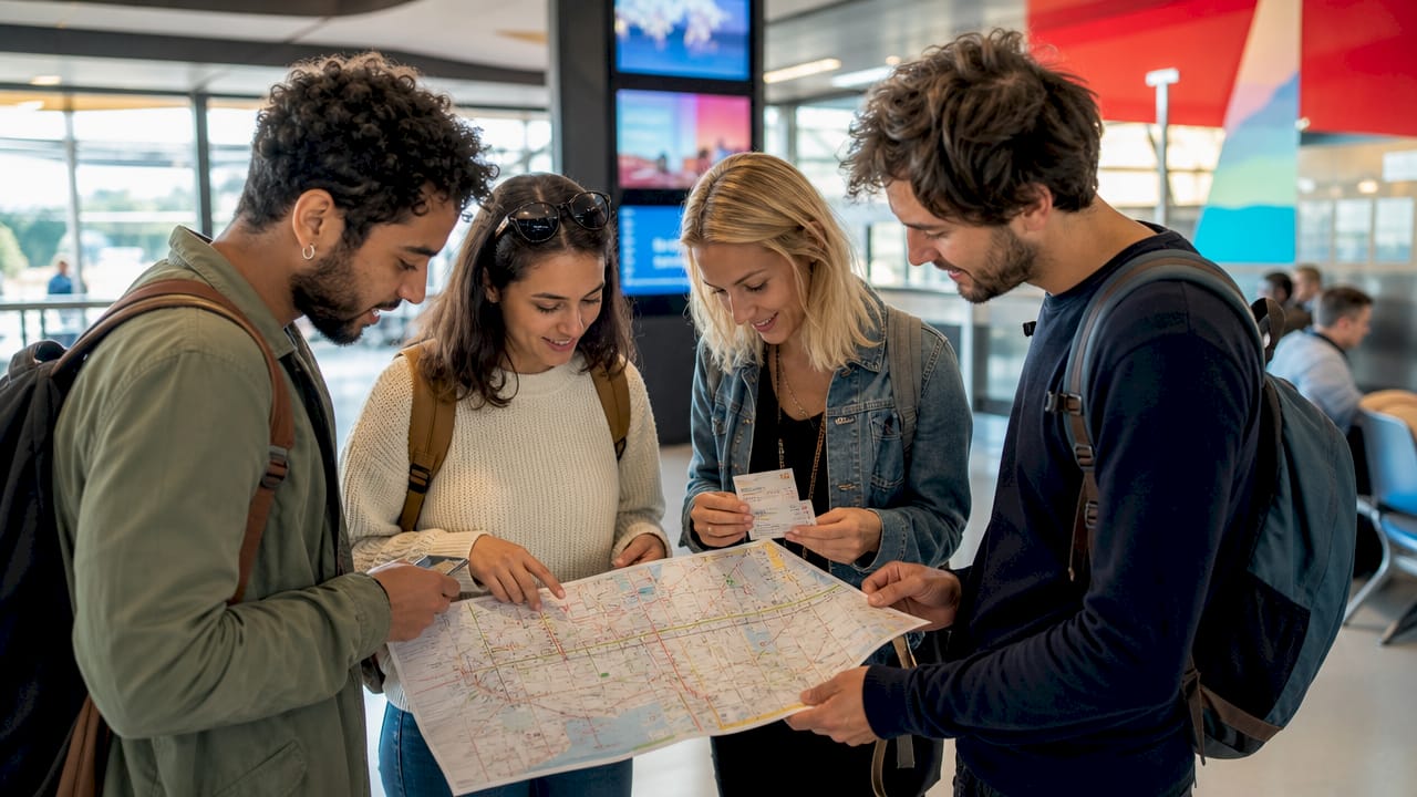 Hands holding transit map and ticket at Nice Airport tram station