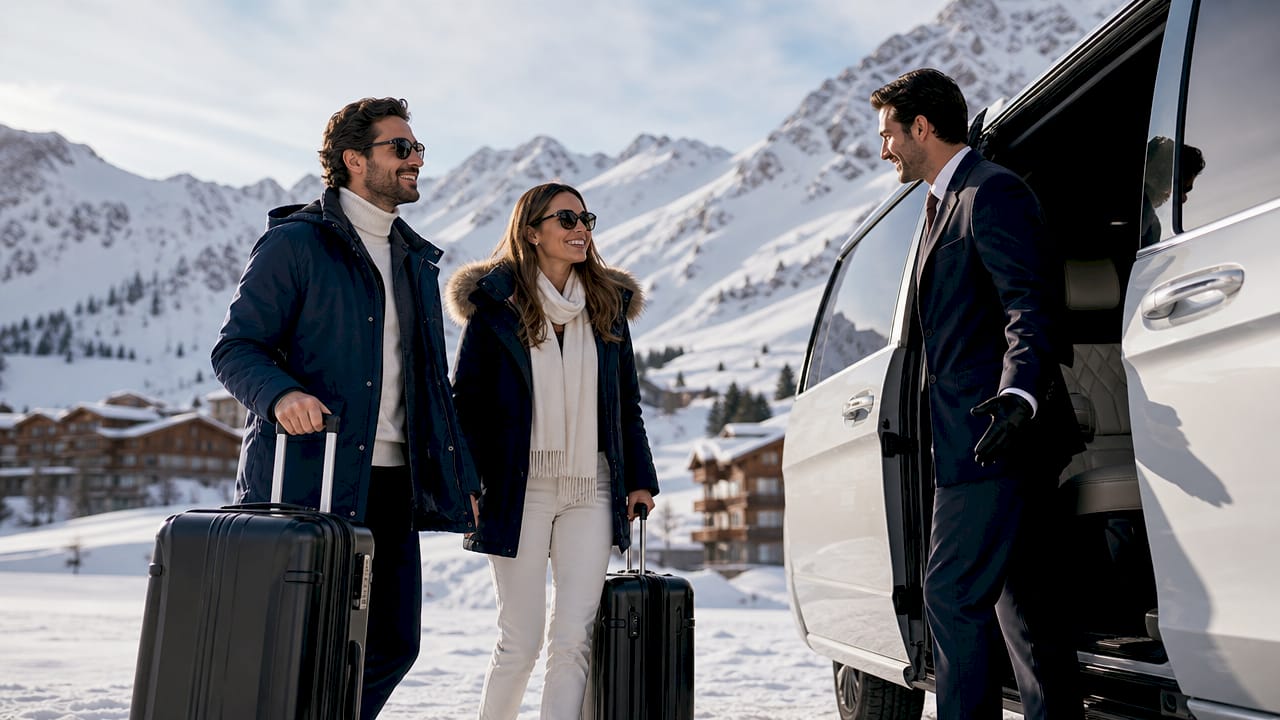 Couple with luggage by luxury transfer van at Geneva Airport