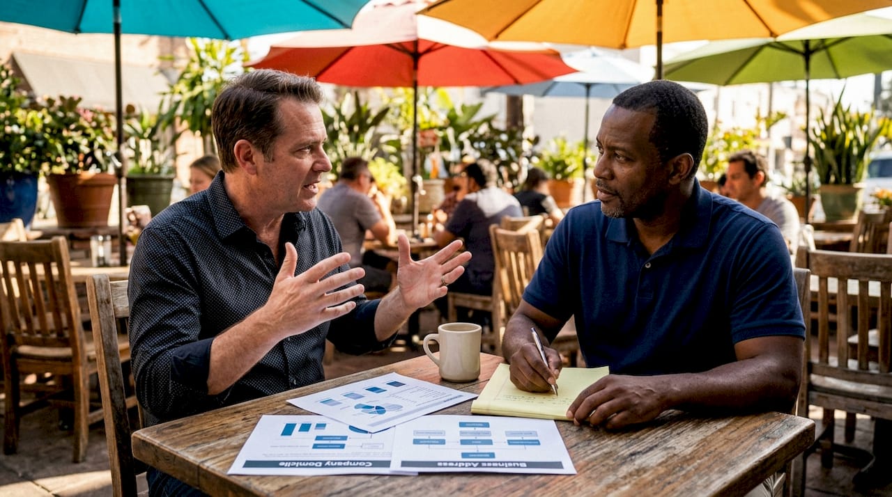 Two men discussing corporate domicile differences in meeting