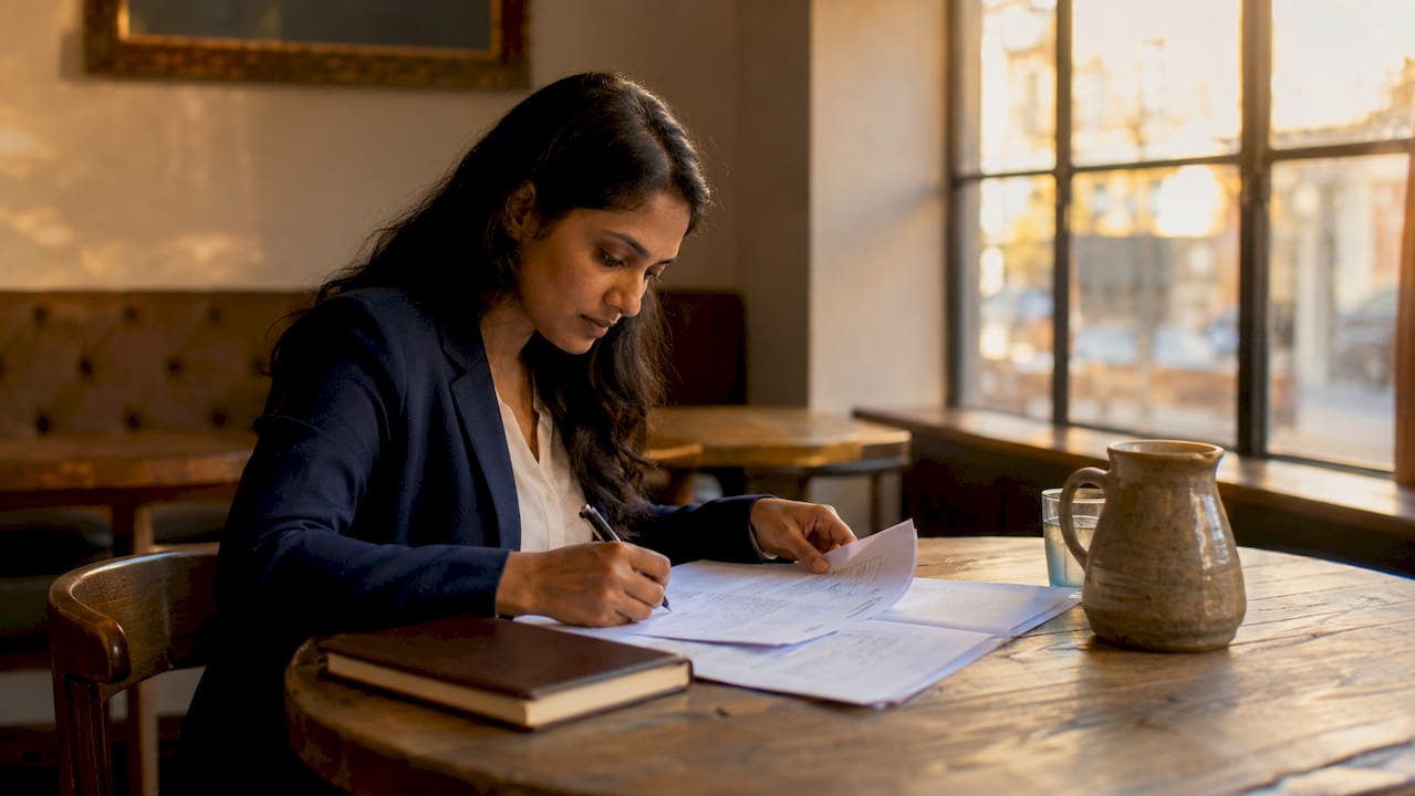 Woman reviewing company incorporation documents in office