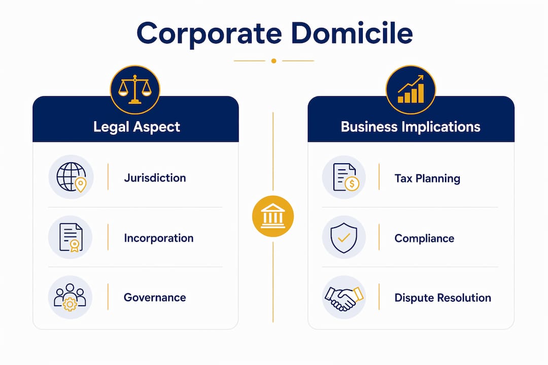 Infographic comparing legal and business aspects of company domicile