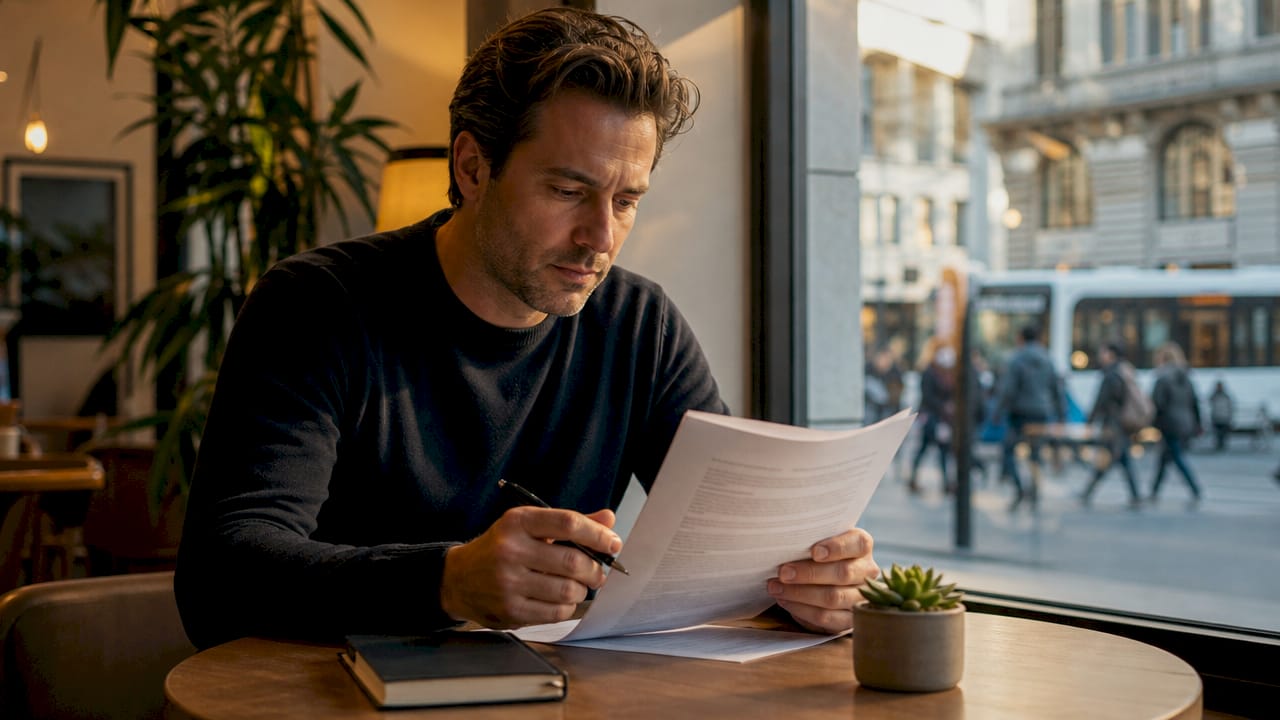 Entrepreneur reviewing Swiss residency documents at desk