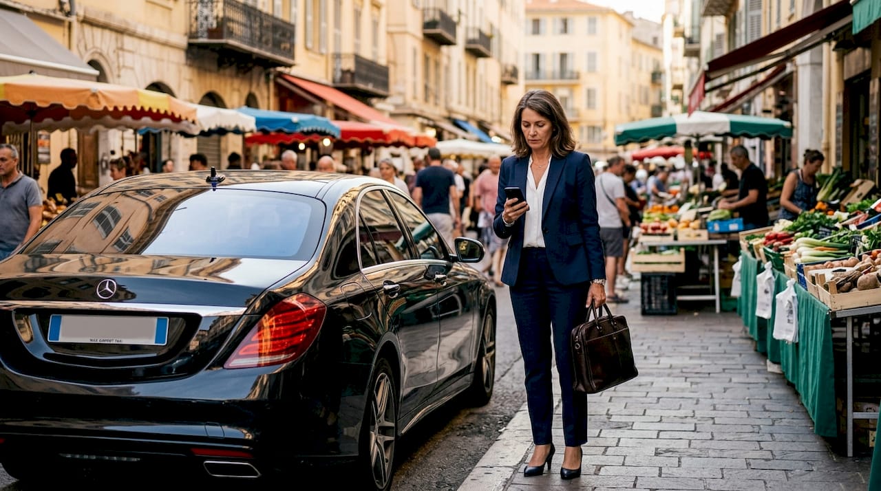 Professional with private chauffeur car on Nice street