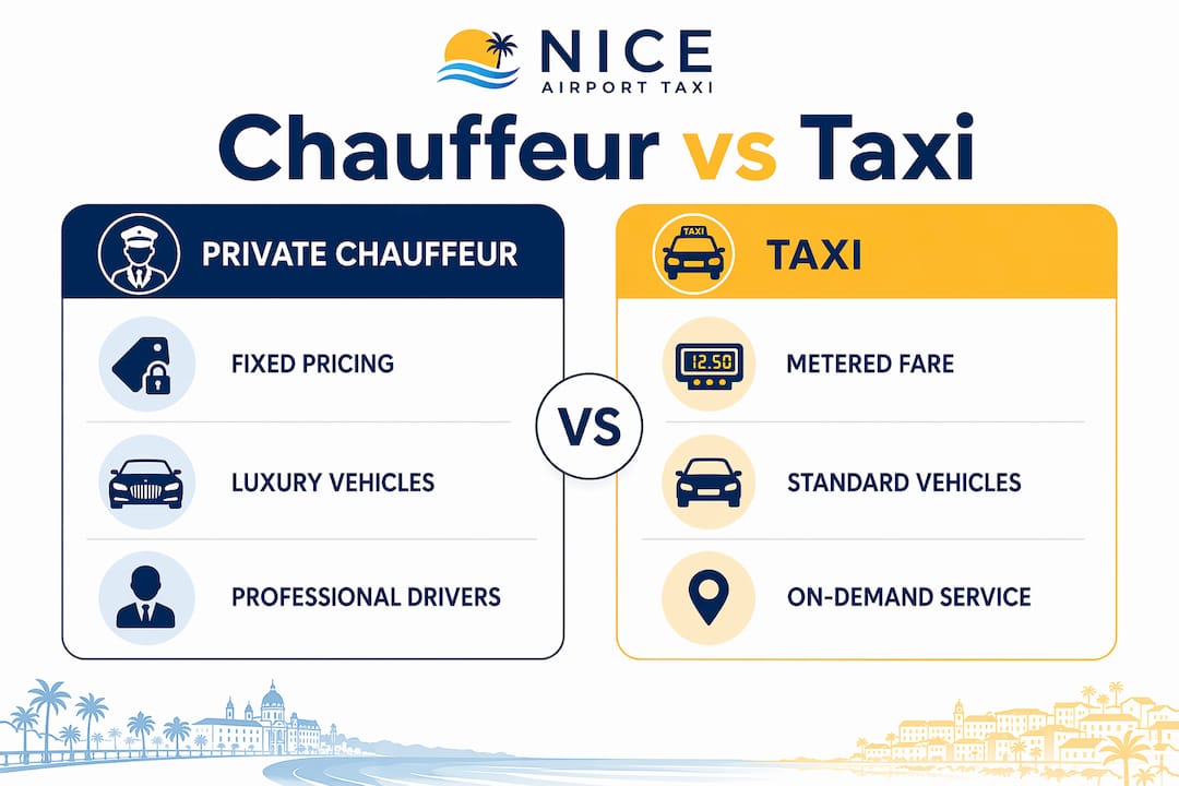 Infographic comparing private chauffeur and taxi services in Nice