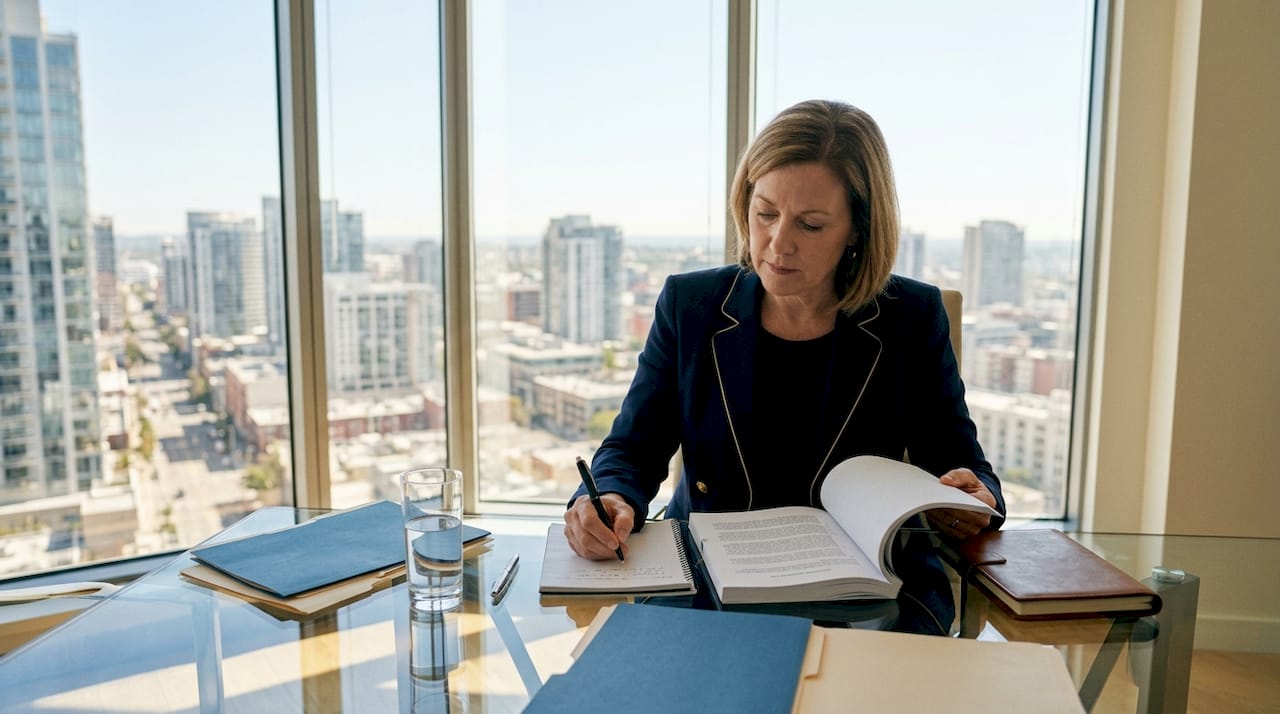 Independent director reviewing board documents in office