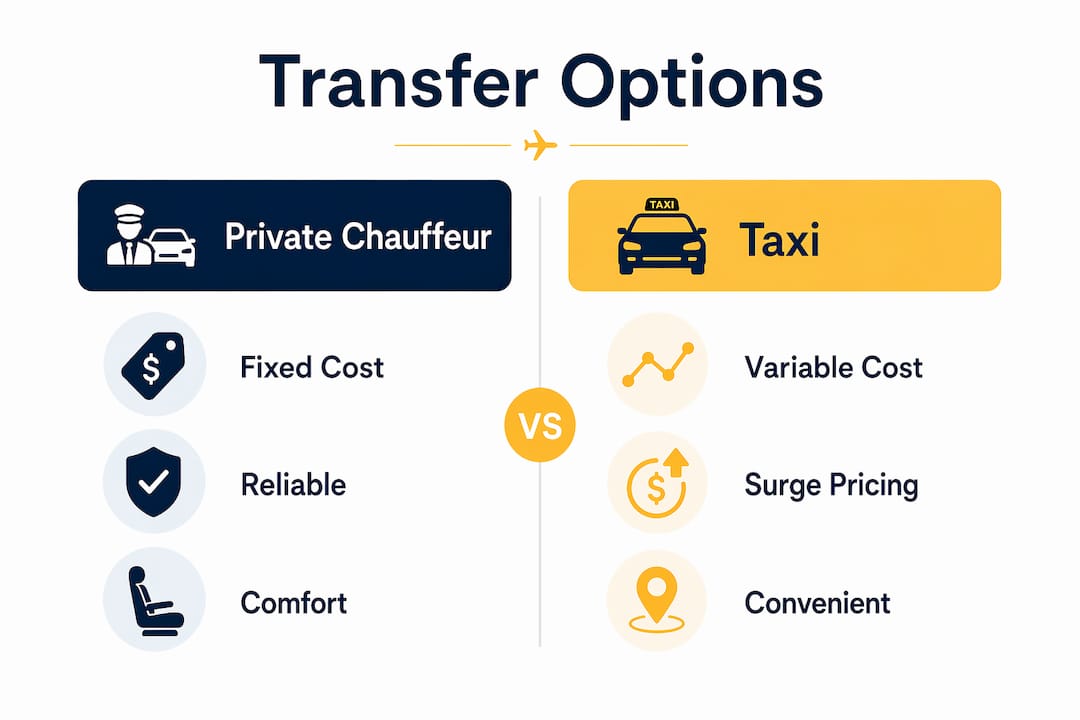 Infographic comparing private chauffeur and taxi transfer options
