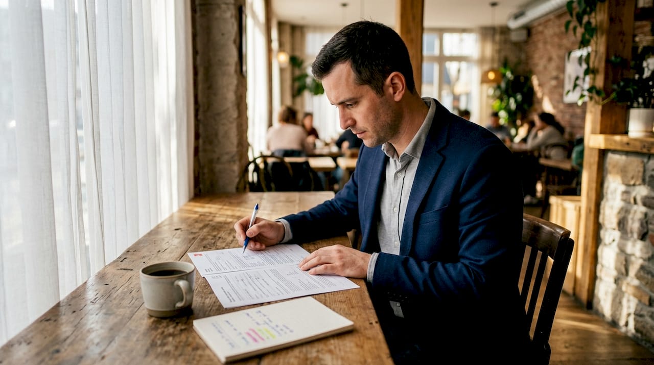 Entrepreneur reviewing Swiss cross-border documents