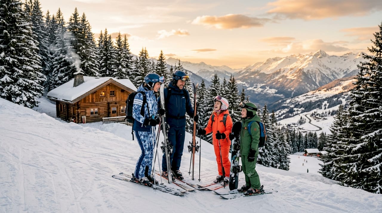Happy family ready to ski on snowy alpine slope