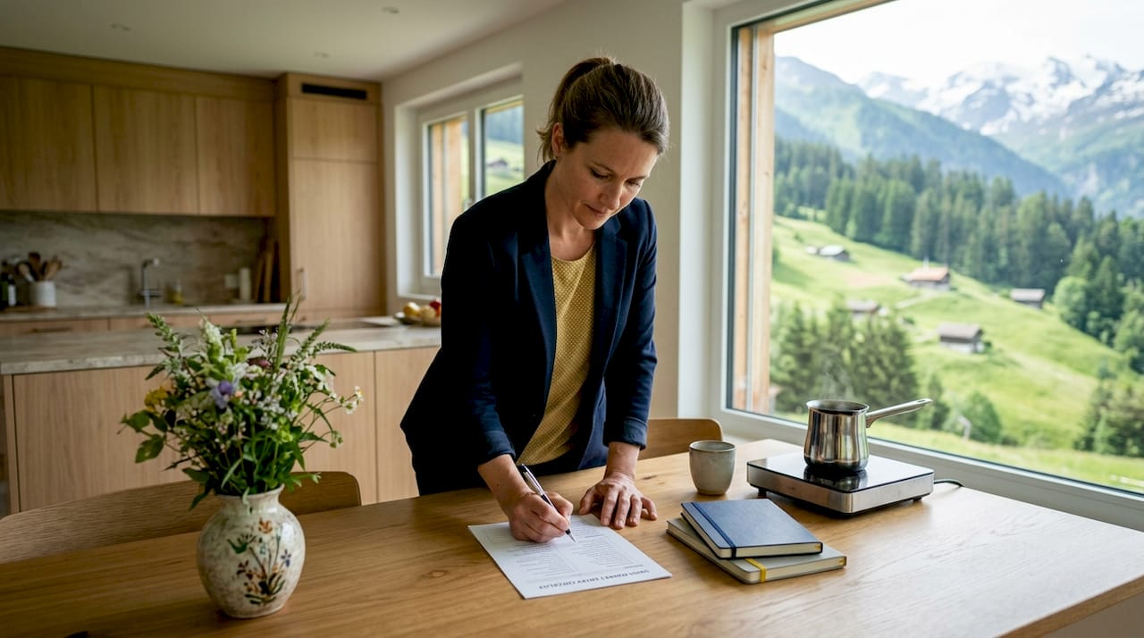 Businesswoman reviewing Swiss market checklist