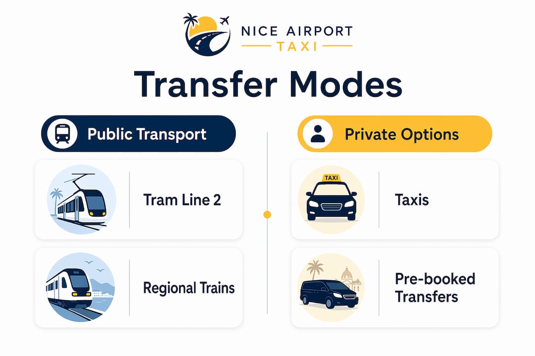 Infographic comparing public transport and private transfer modes at Nice Airport
