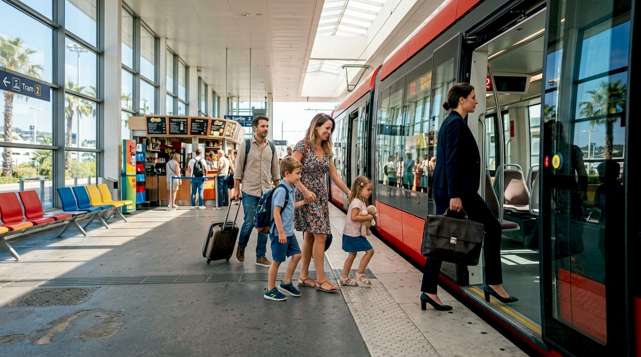 Tram station with passengers boarding tram at Nice Airport