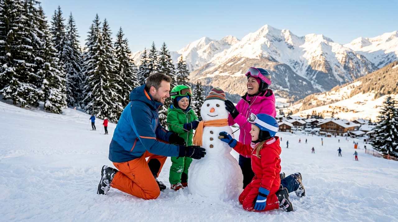 Happy family skiing in snowy alpine mountains
