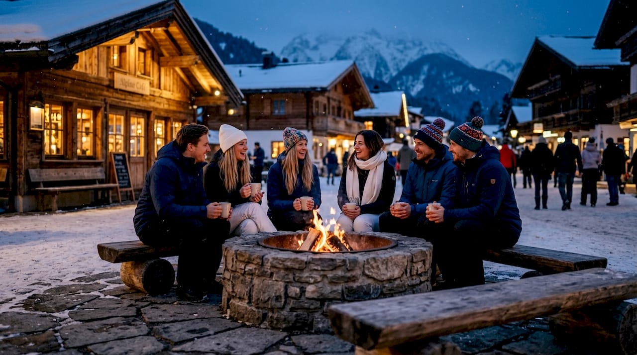Cozy alpine village winter scene with happy skiers