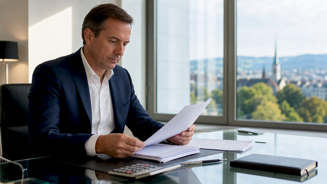 Swiss business owner reviewing succession documents