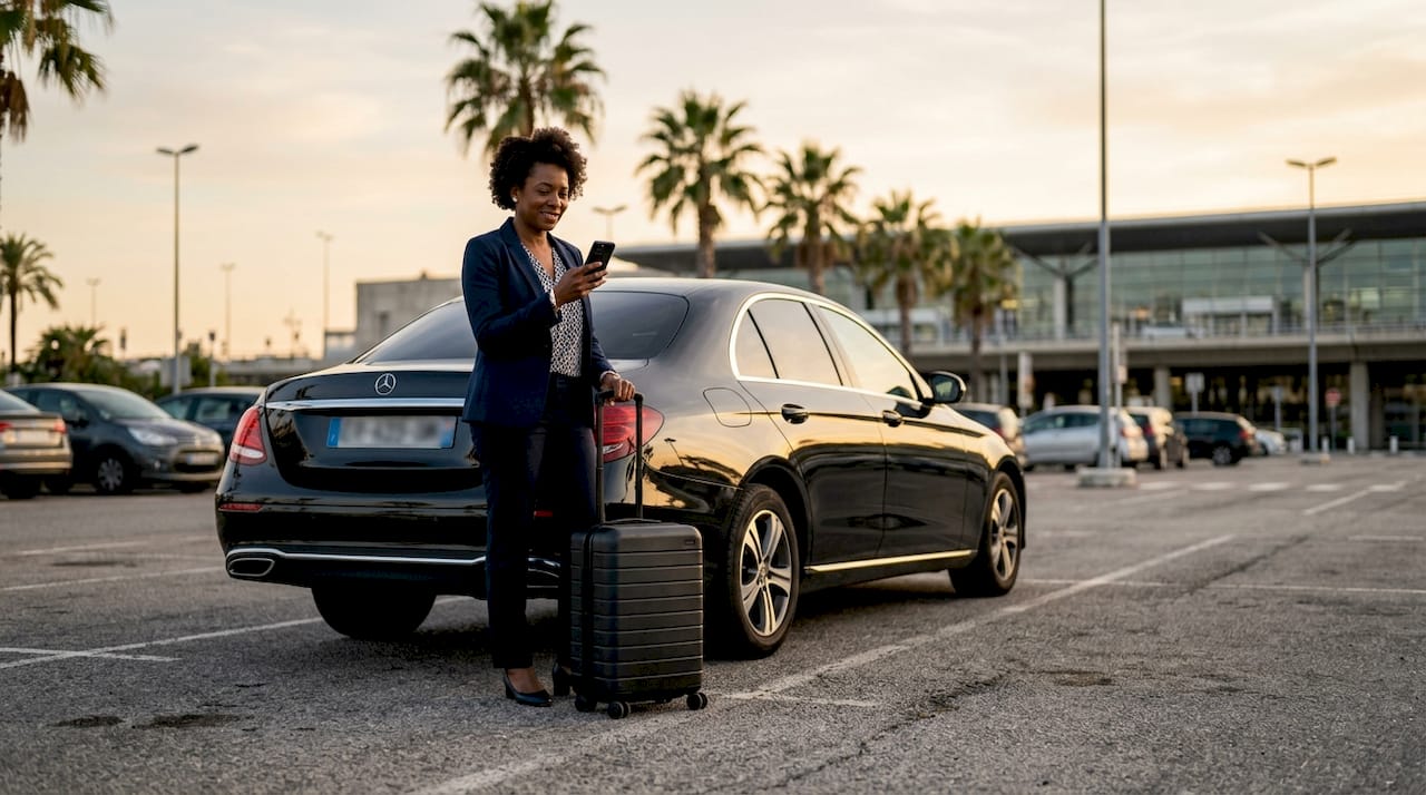 Woman next to private transfer car at airport