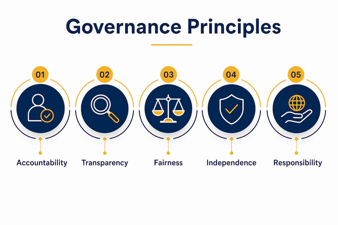 Infographic showing key principles of corporate governance in hierarchy layout