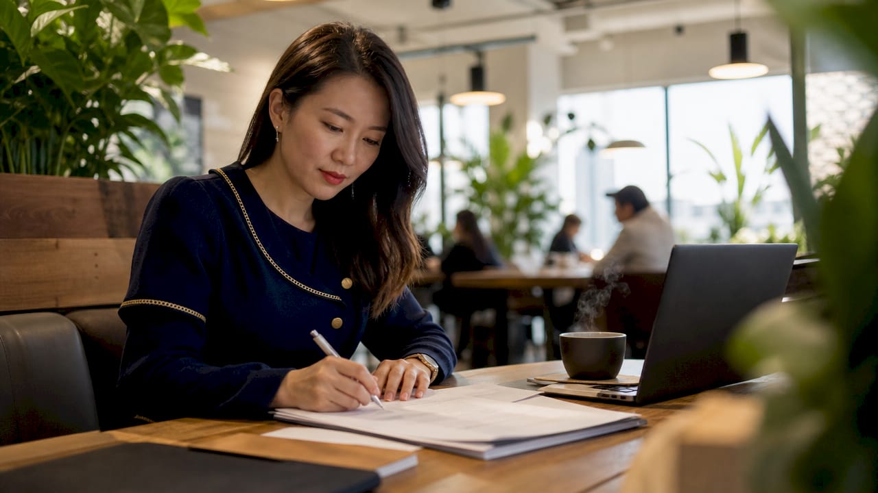 Woman signing international business documents at office
