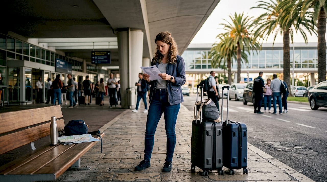 Traveler with luggage at Nice Airport arrivals