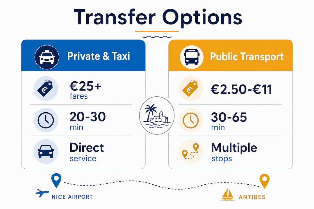 Infographic comparing transfer options and prices from Nice Airport to Antibes