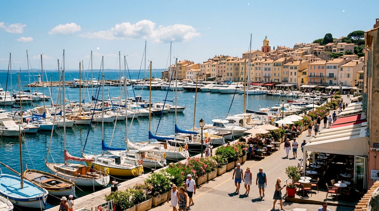 Morning view of Saint-Tropez harbor and town