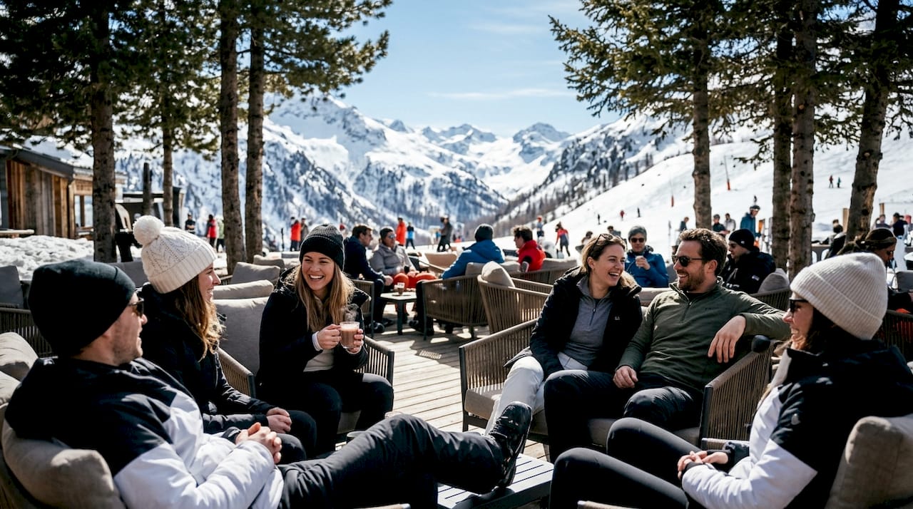 Happy skiers enjoying snowy alpine mountain view