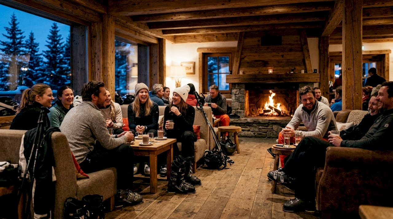 Après-ski socializing in snowy alpine village street