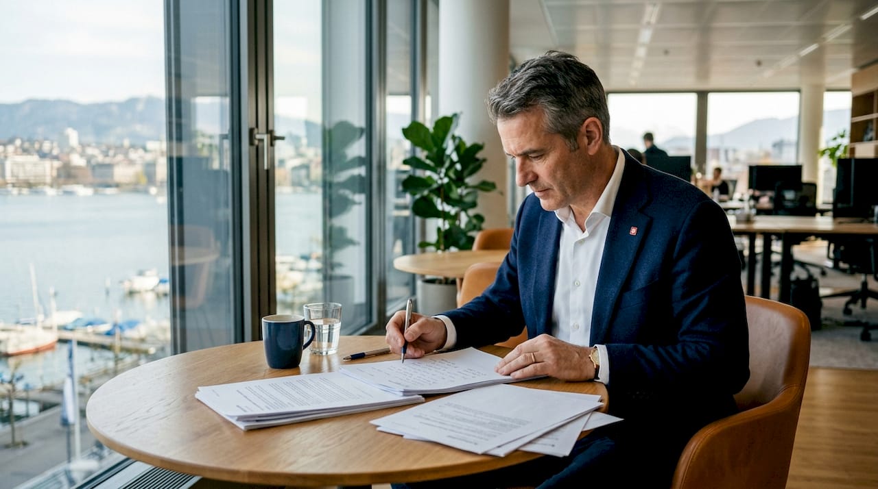 Swiss financial advisor reviewing M\&A papers in office