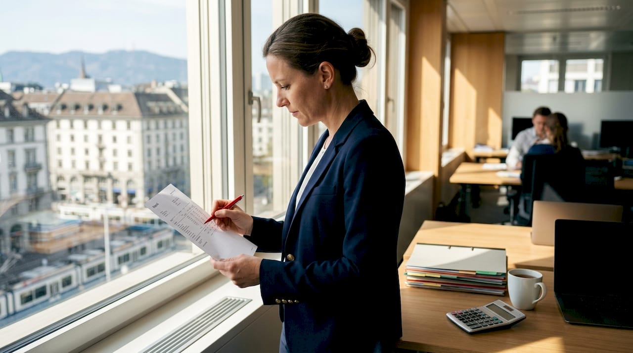 HR manager reviewing Swiss payroll documents
