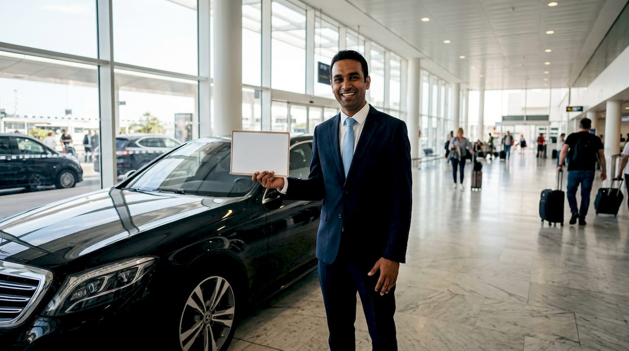 Chauffeur waiting inside airport arrivals hall