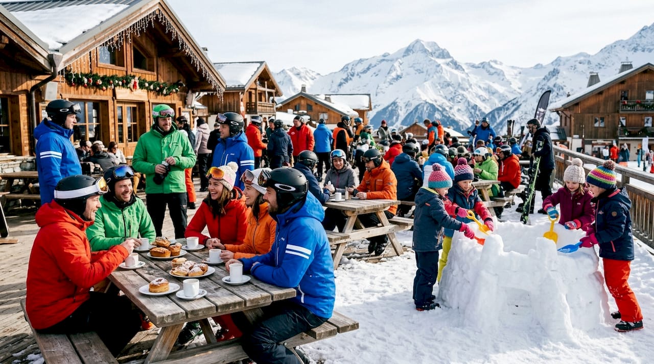 Skiers socializing in snowy alpine village