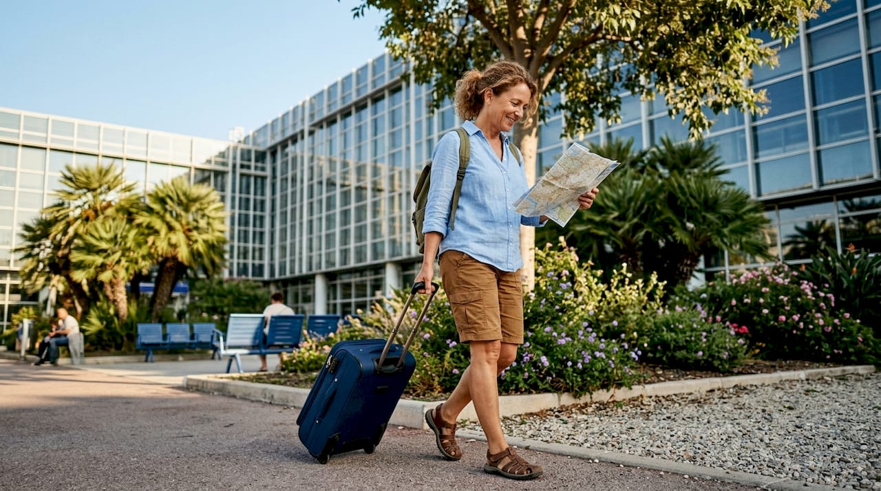 Traveler leaving Nice Airport with luggage