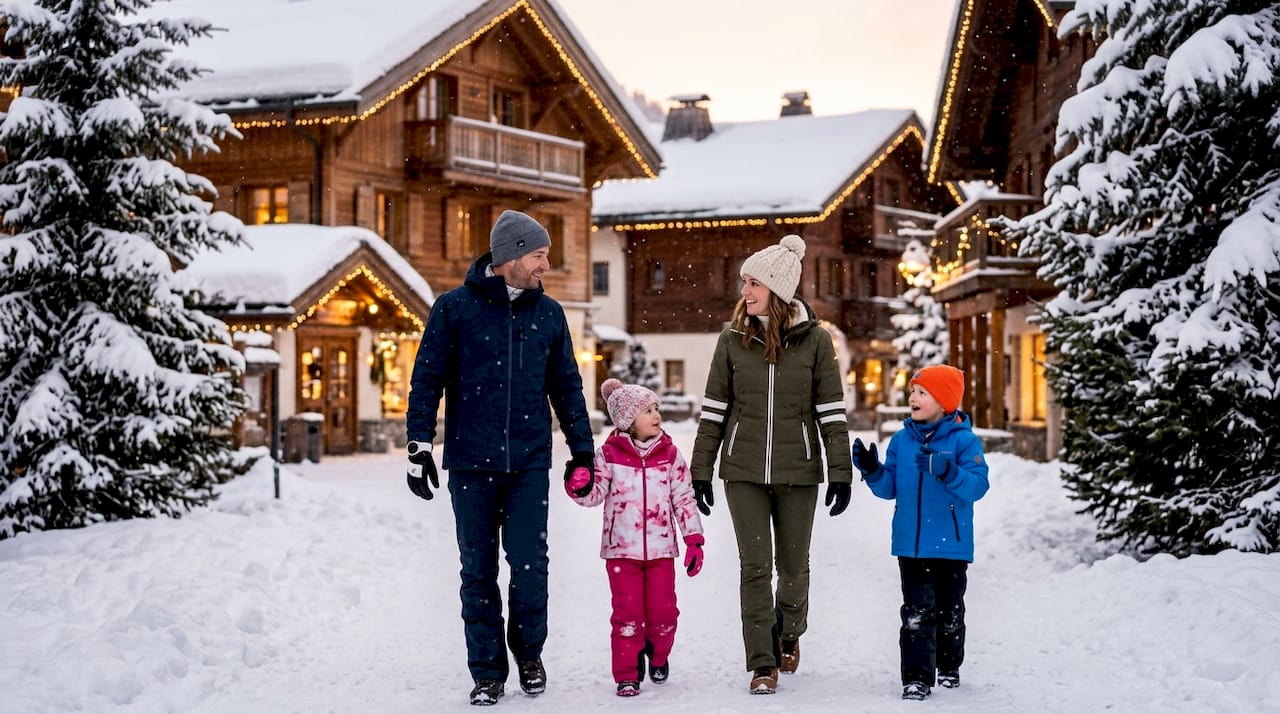 Family walking with ski gear in alpine village