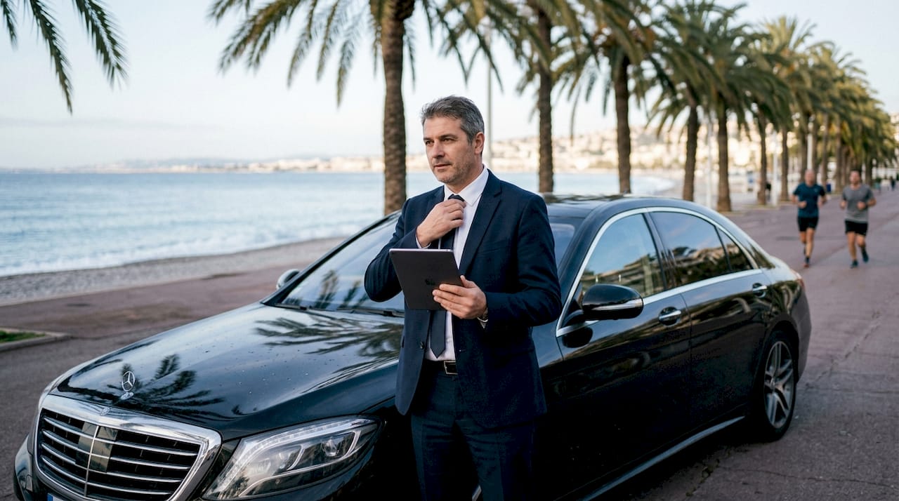 Driver with taxi outside Nice Airport terminal