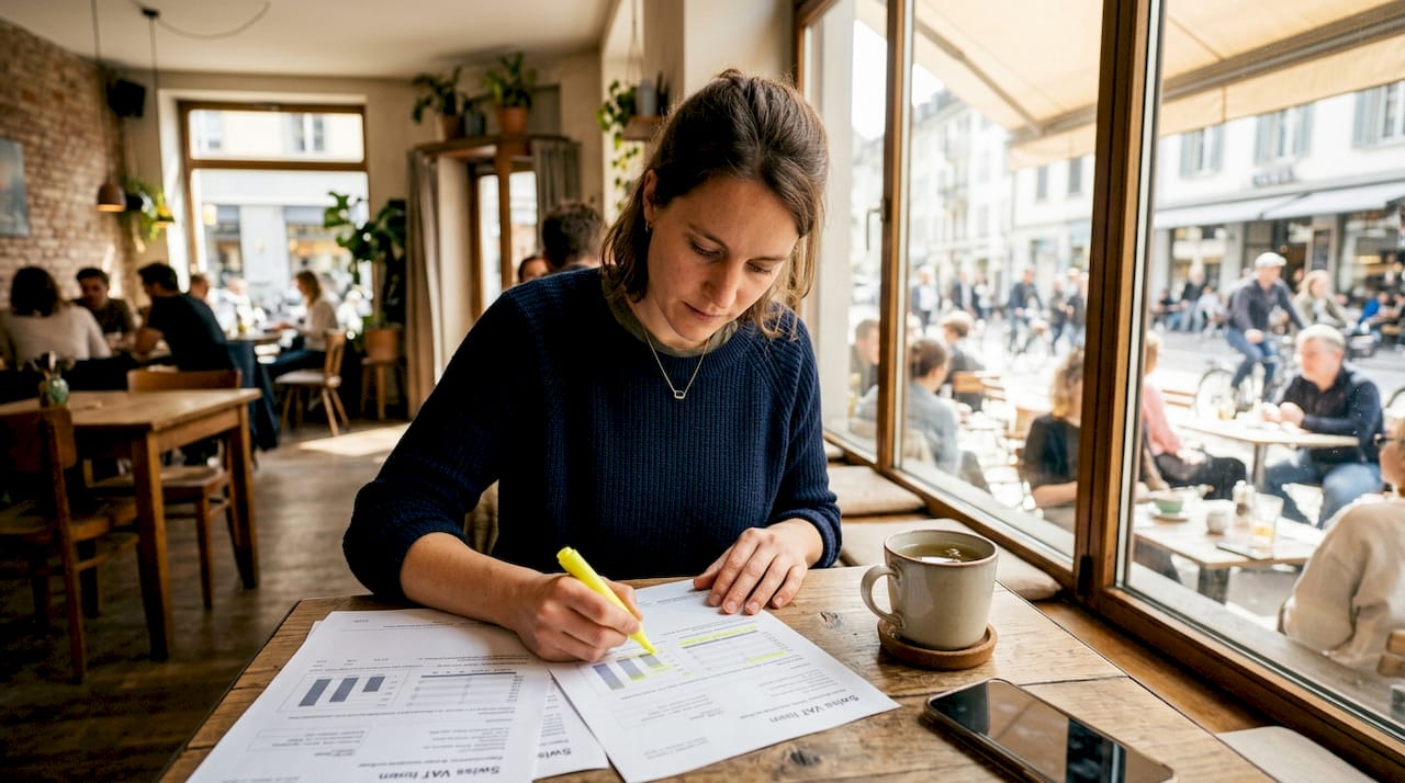 Female entrepreneur reviewing Swiss VAT documents