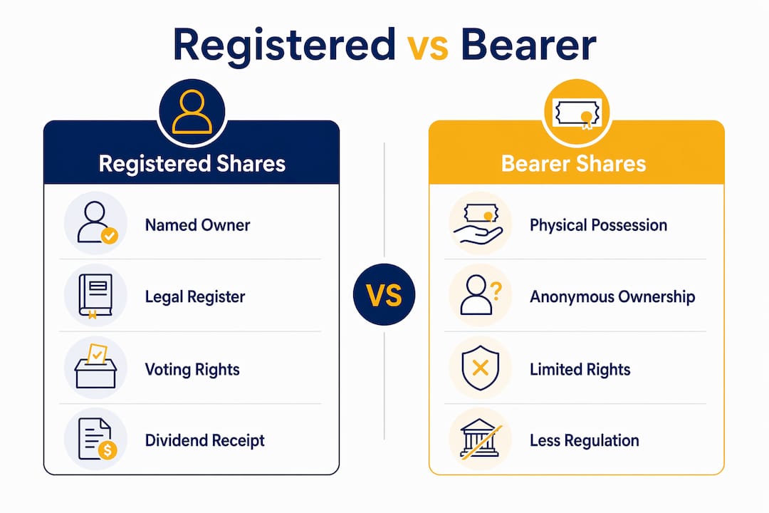 Infographic comparing registered and bearer shares