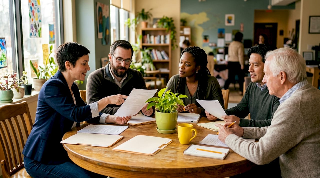 Nonprofit board members discussing documents in meeting