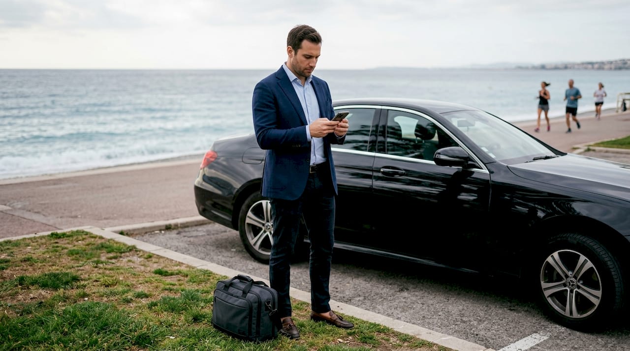 Traveler standing by private car at Nice Airport