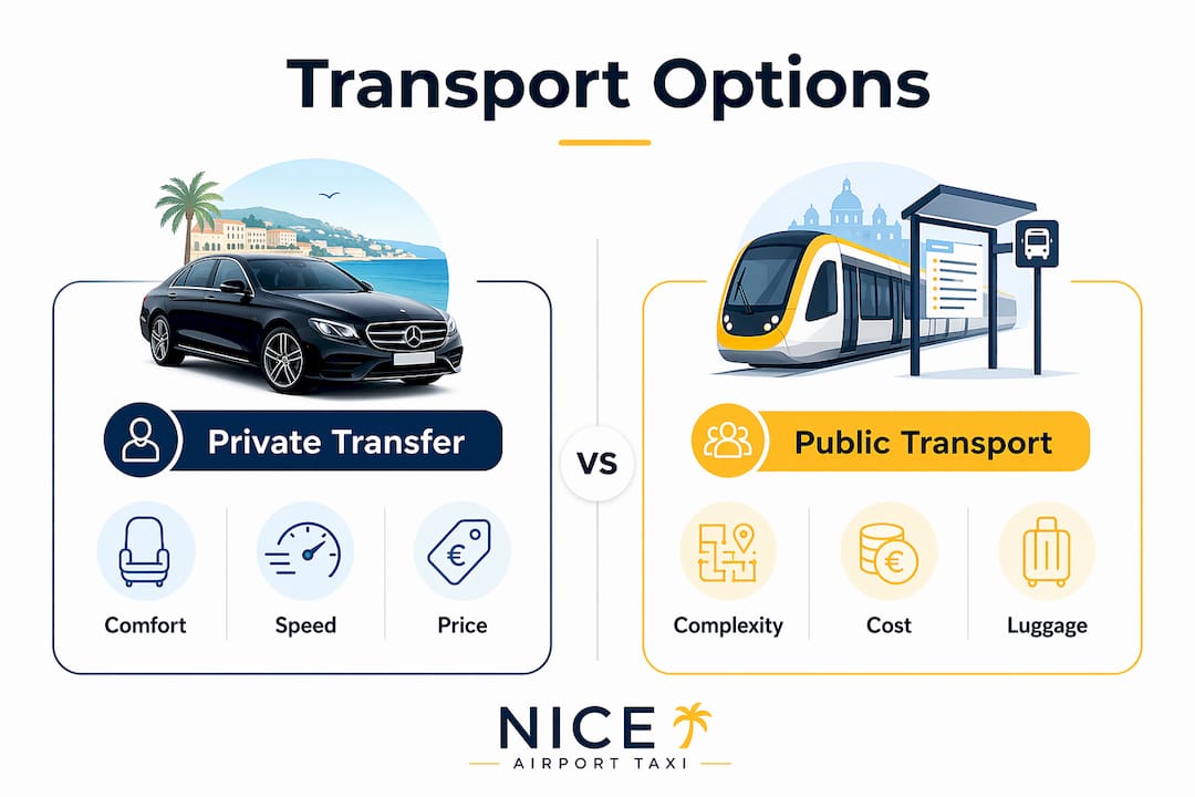 Infographic comparing private transfer and public transport options