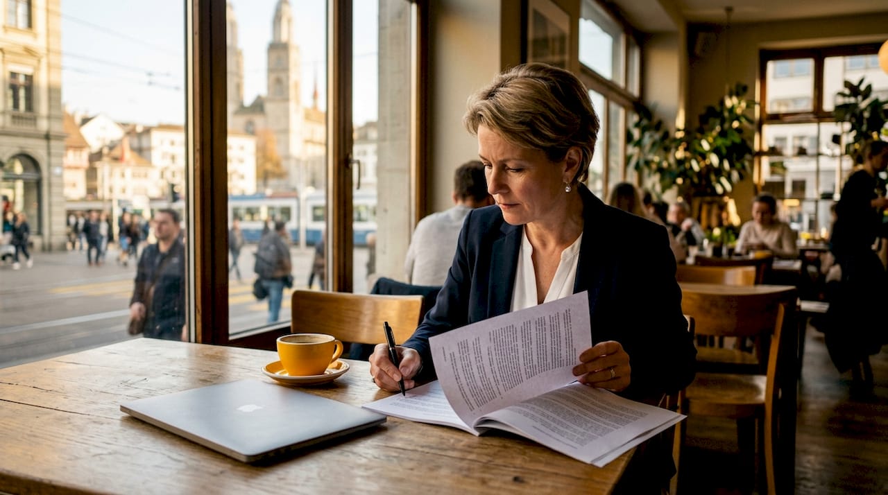Businesswoman reviewing Swiss data privacy laws at office desk