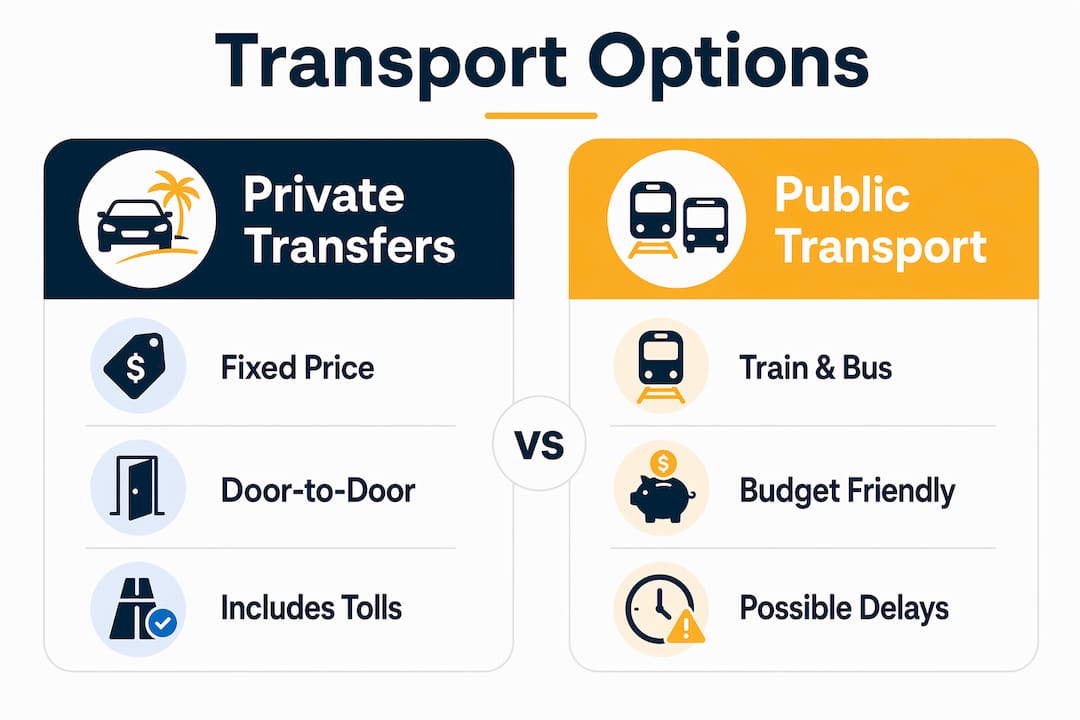 Infographic comparing private transfers and public transport options for cross-border travel