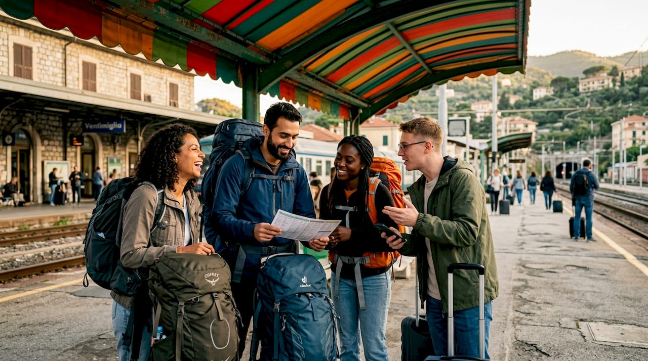 Travelers waiting at Ventimiglia train station platform
