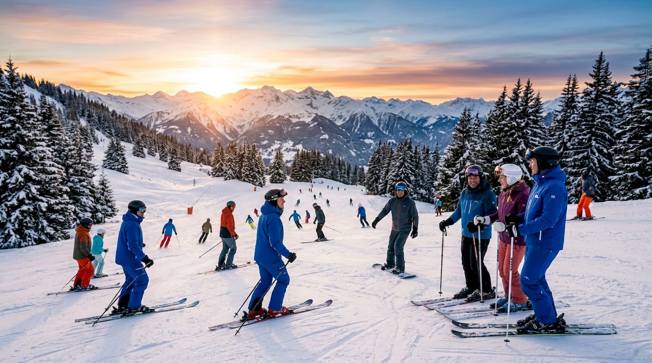 Skiers enjoying expansive alpine slopes