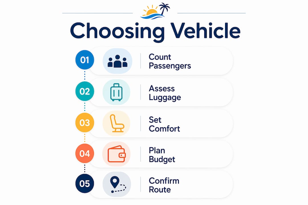 Infographic depicting steps to choose family transfer vehicle
