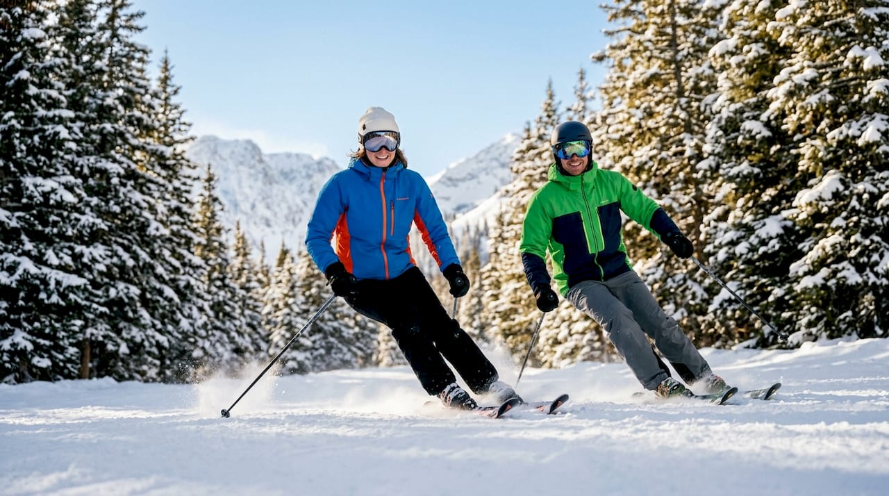 Skiers enjoying descent on snowy mountain slope