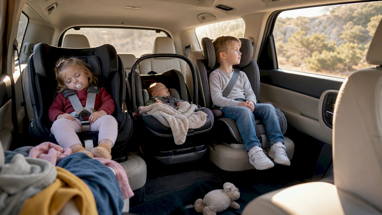 Vehicle interior with various child restraint car seats installed